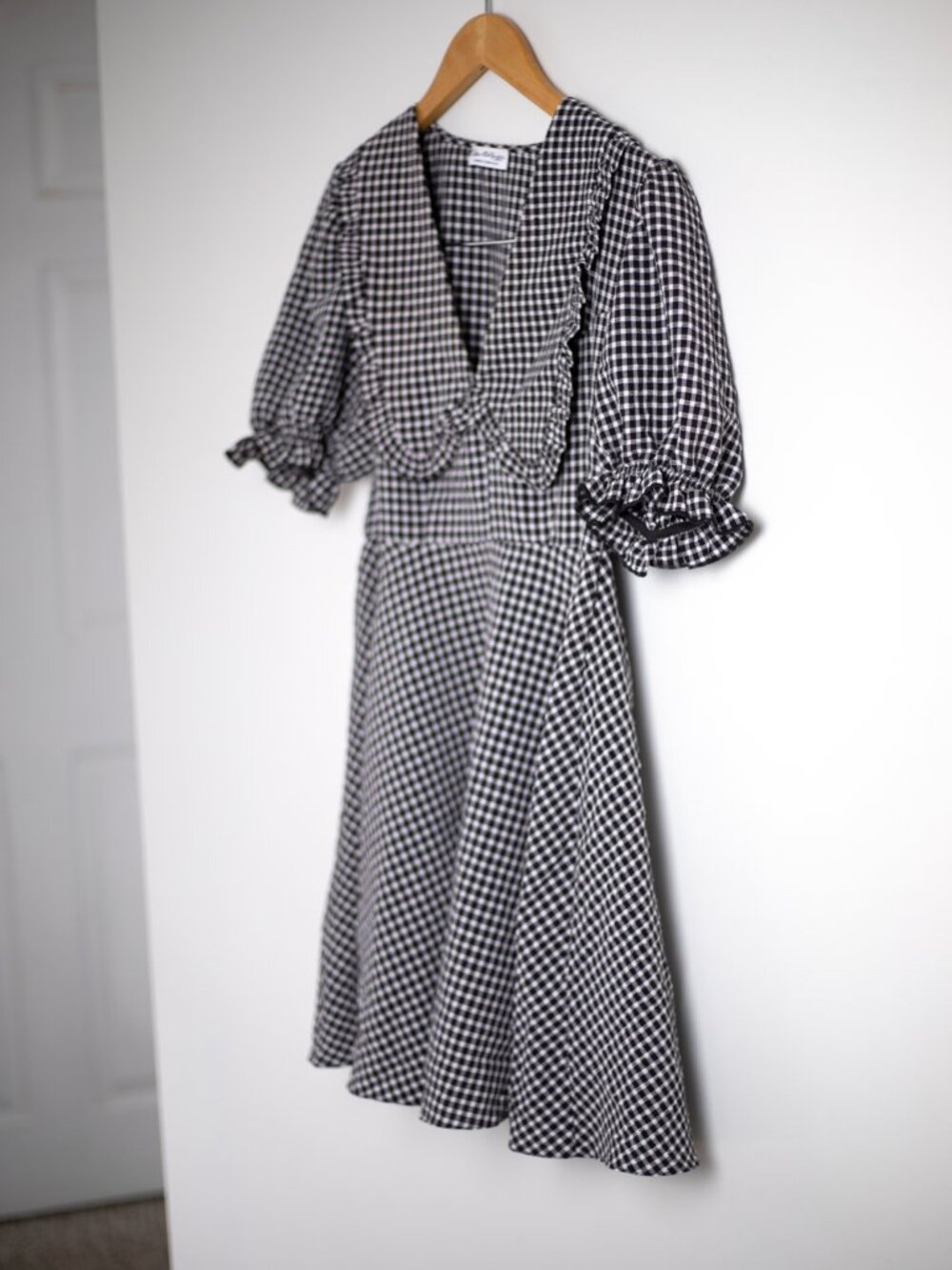 Black White Gingham Puff Sleeve Mini Dress | Ruffle Bib Collar | Size 6 - Picture 4 of 12